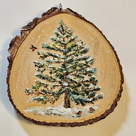 Handmade Round Wood Ornaments Lot of 2 Christmas Winter Hanging Loop Unique Art - Picture 4 of 12